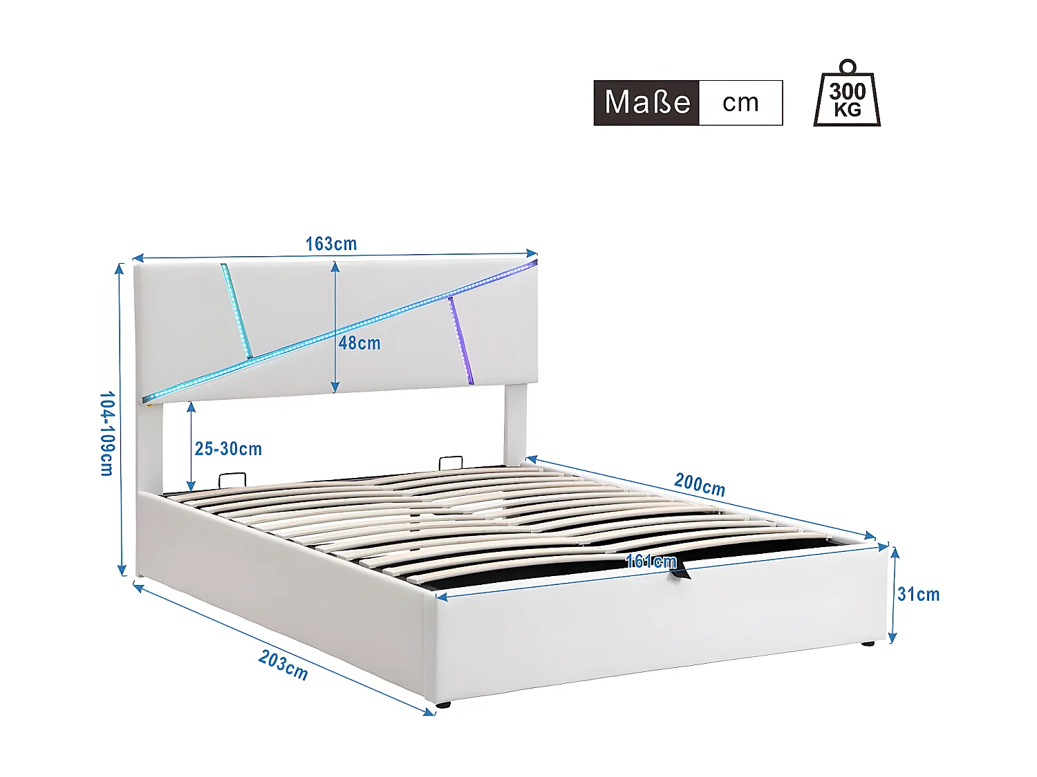 Letto contenitore con testiera - 160 x 200 cm - similpelle - LED - rete a doghe - stile moderno - bianco