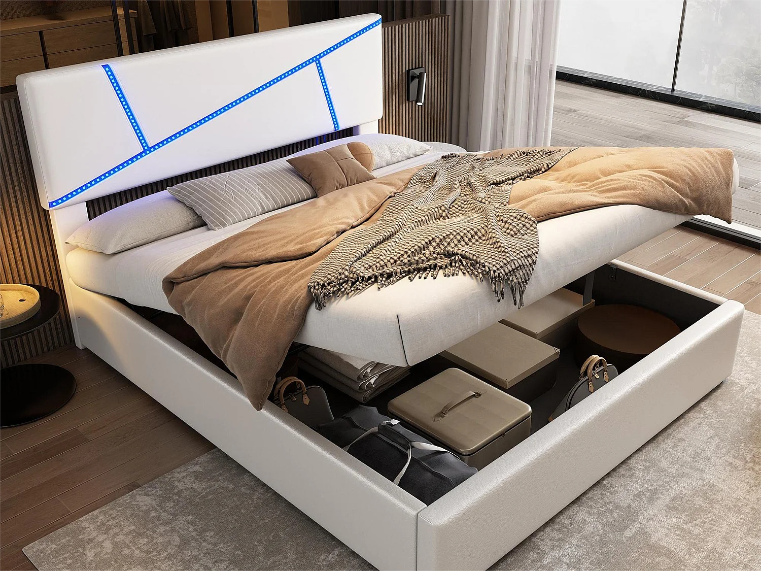 Opbergbed met hoofdeinde - 160 x 200 cm - kunstleer - LED - lattenbodem - moderne stijl - wit