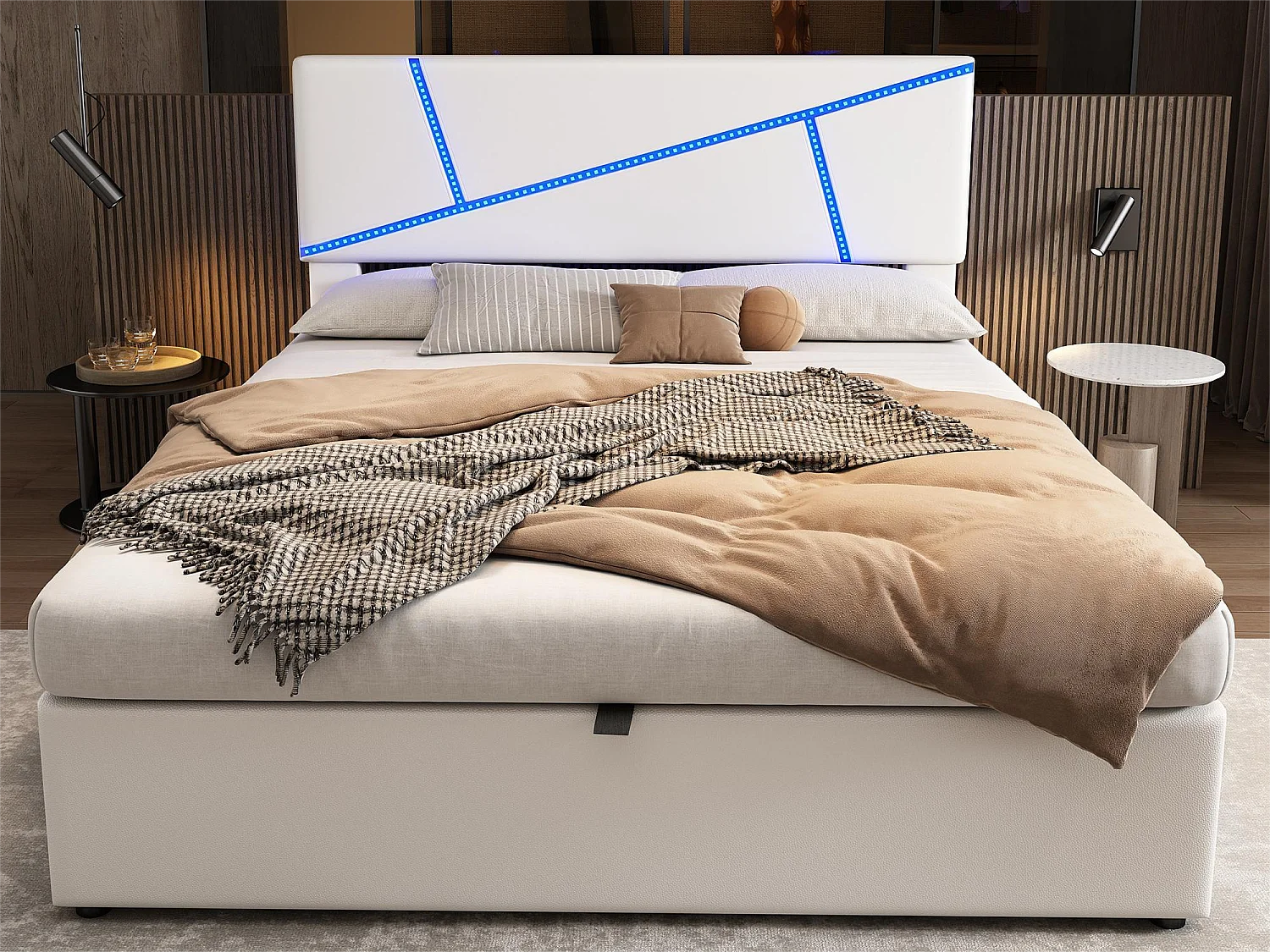 Opbergbed met hoofdeinde - 160 x 200 cm - kunstleer - LED - lattenbodem - moderne stijl - wit