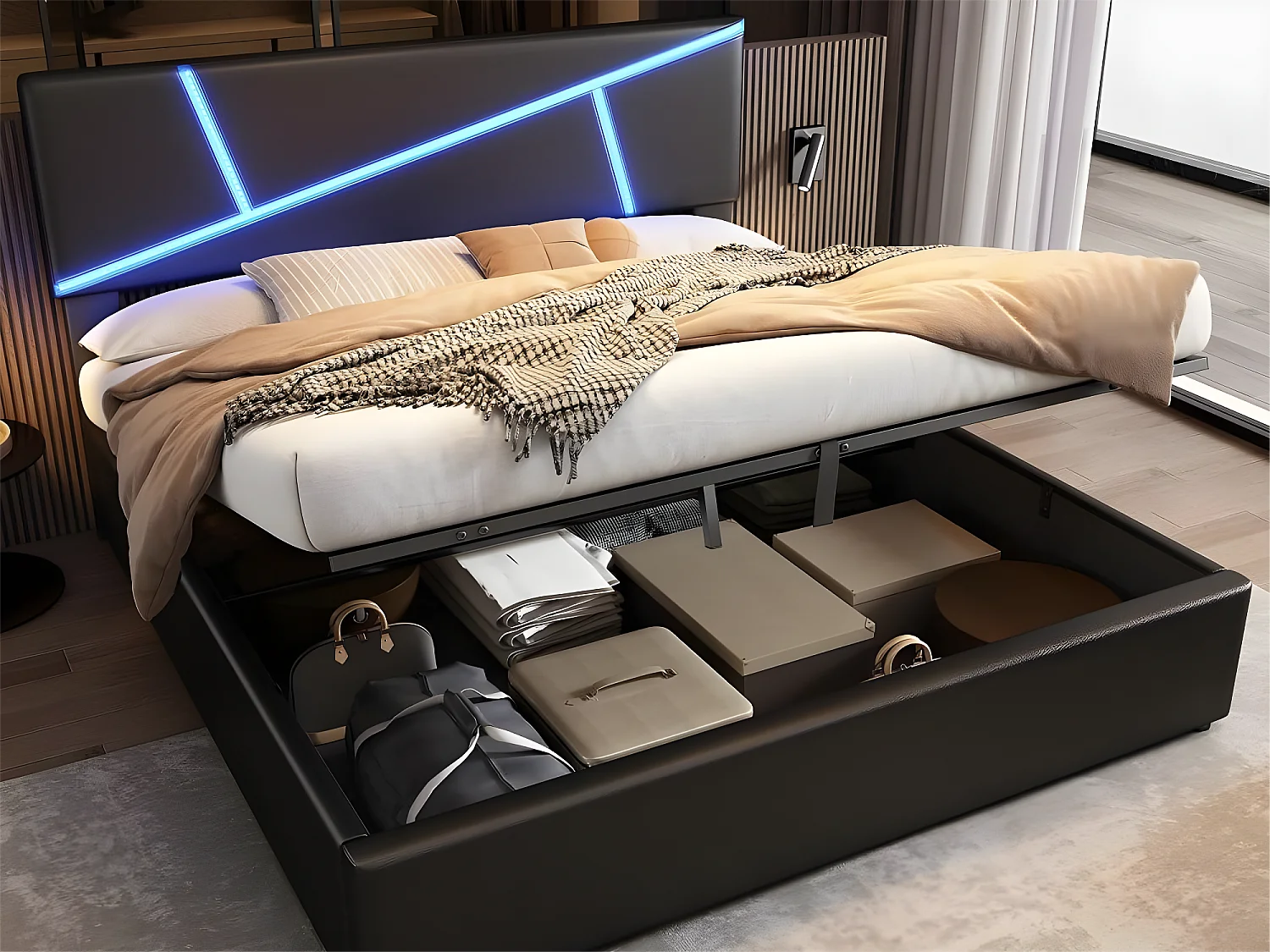 Opbergbed 180 x 200 cm - met LED - kunstleer en hout - lattenbodem - kleur Zwart