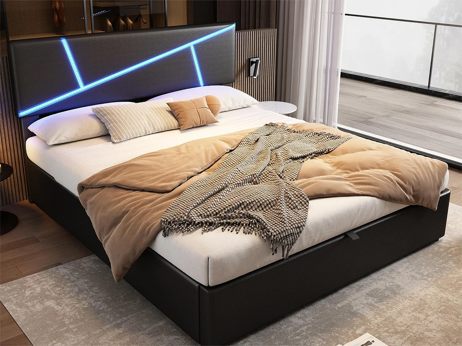 Opbergbed 180 x 200 cm - met LED - kunstleer en hout - lattenbodem - kleur Zwart
