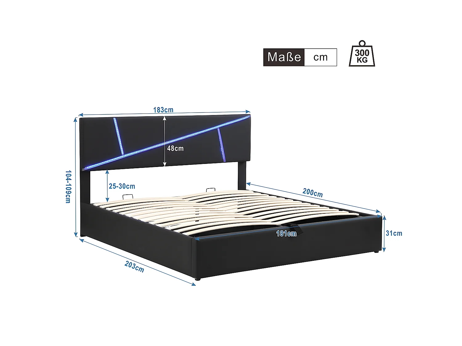 Opbergbed 180 x 200 cm - met LED - kunstleer en hout - lattenbodem - kleur Zwart