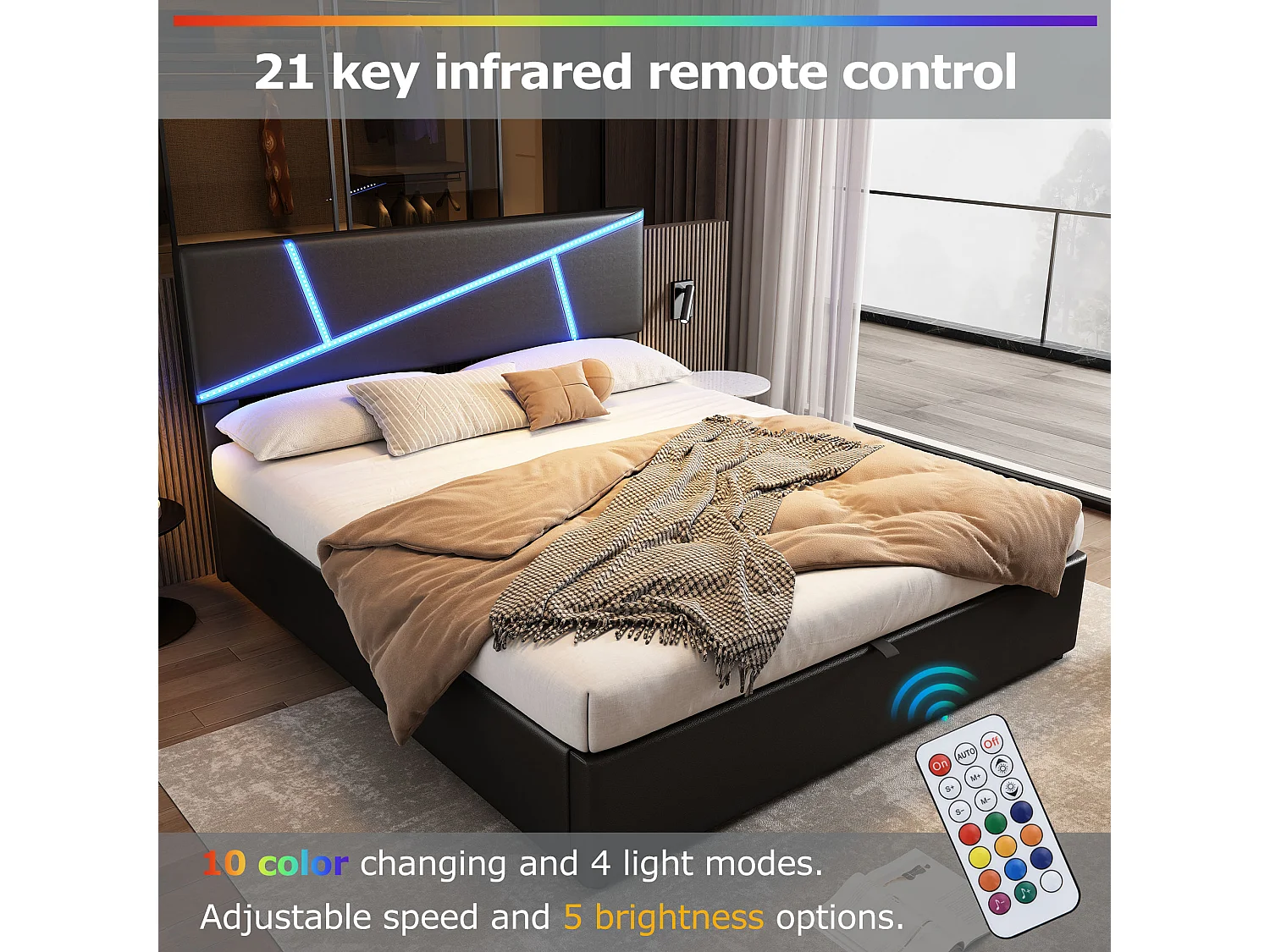 Bett mit Stauraum 180 x 200 cm – mit LED – Kunstleder und Holz – Lattenrost – Farbe Schwarz