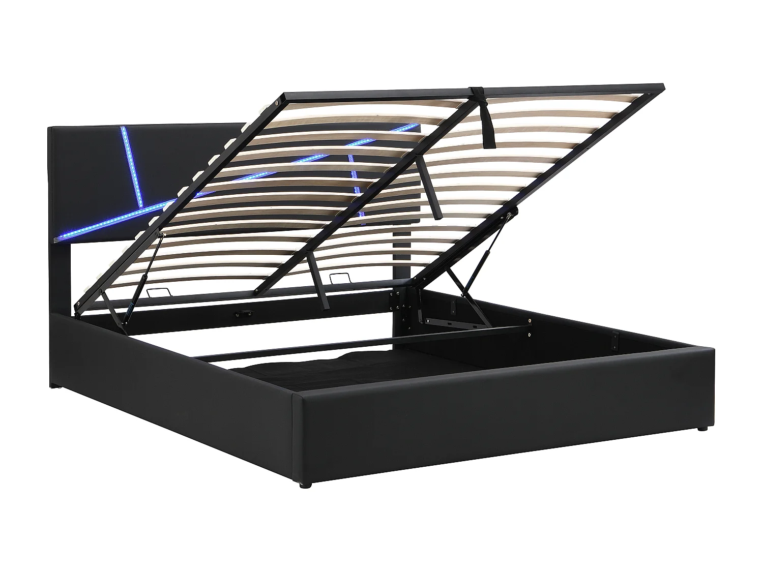 Bett mit Stauraum 180 x 200 cm – mit LED – Kunstleder und Holz – Lattenrost – Farbe Schwarz