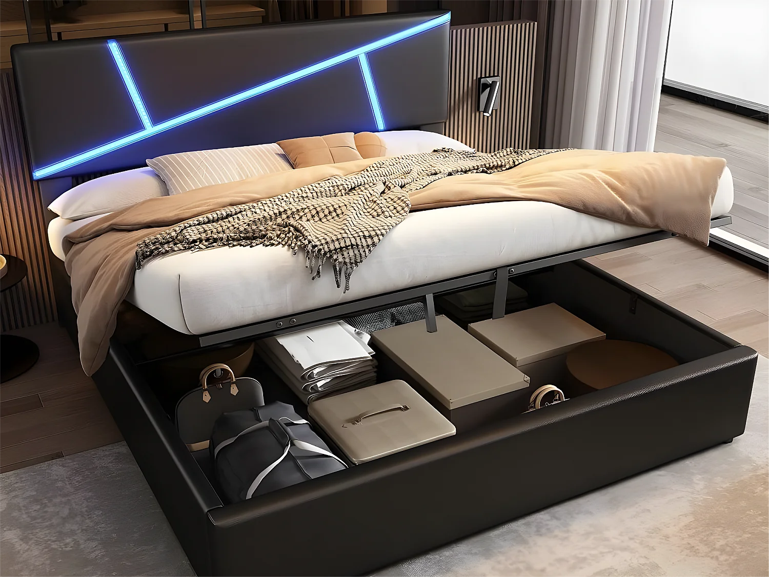 Opbergbed 180 x 200 cm - met LED - kunstleer en hout - lattenbodem - kleur Zwart