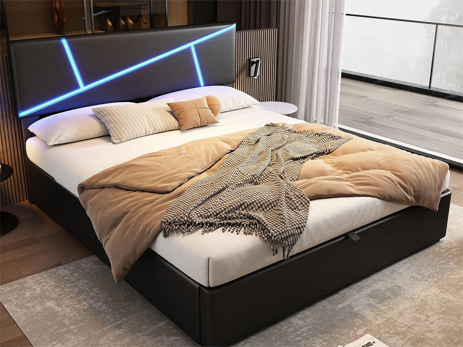 Opbergbed 180 x 200 cm - met LED - kunstleer en hout - lattenbodem - kleur Zwart