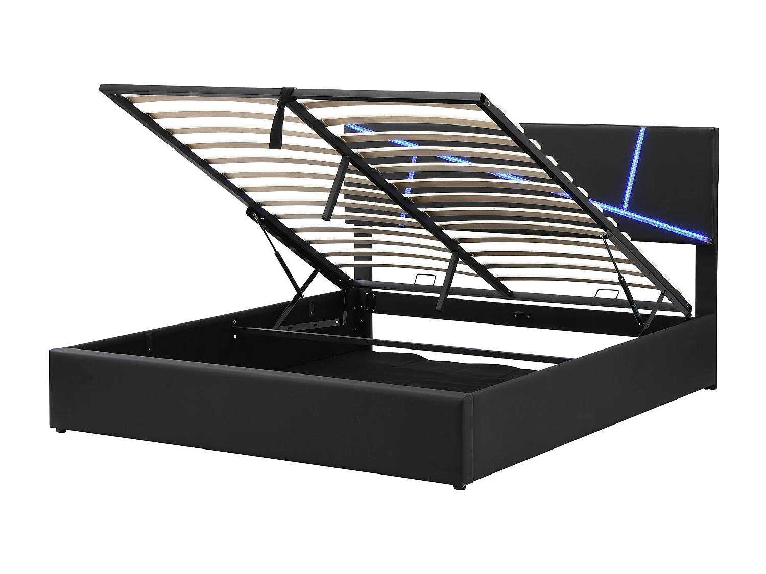 Lit coffre avec tête de lit - 160 x 200 cm - similicuir - bandes LED -  sommier à lattes - style contemporain - noir