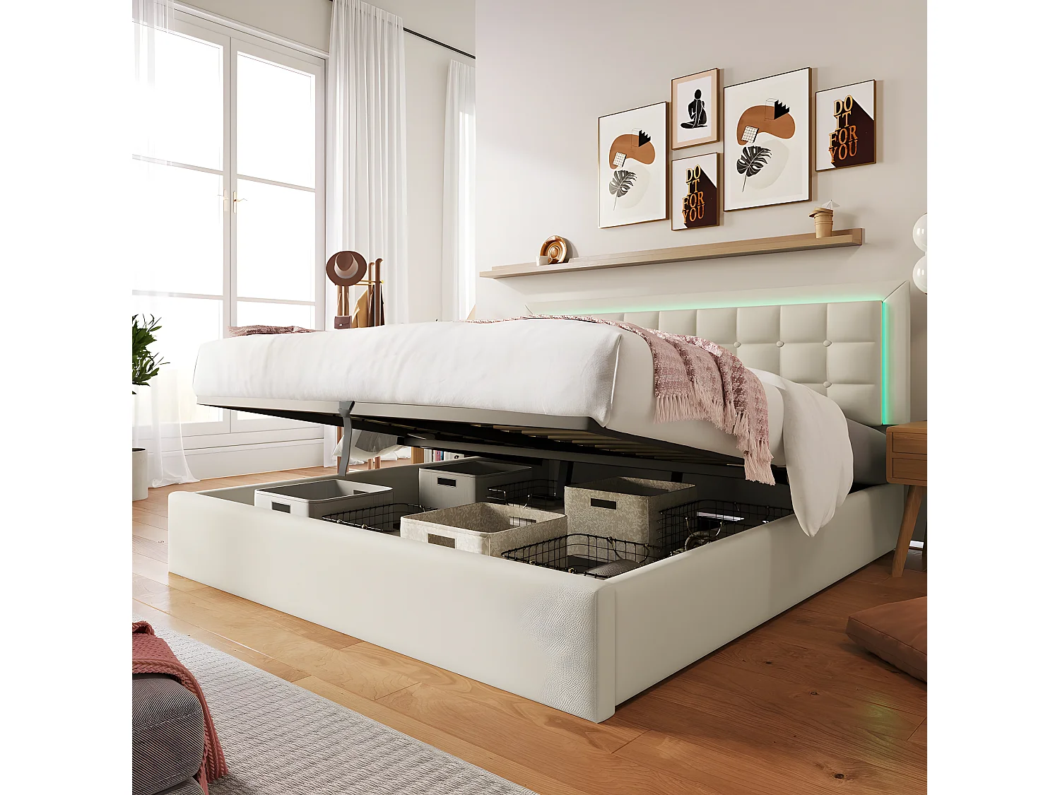 Lit coffre 140 x 200 cm - cuir pu - LEDs - sommier à lattes - blanc