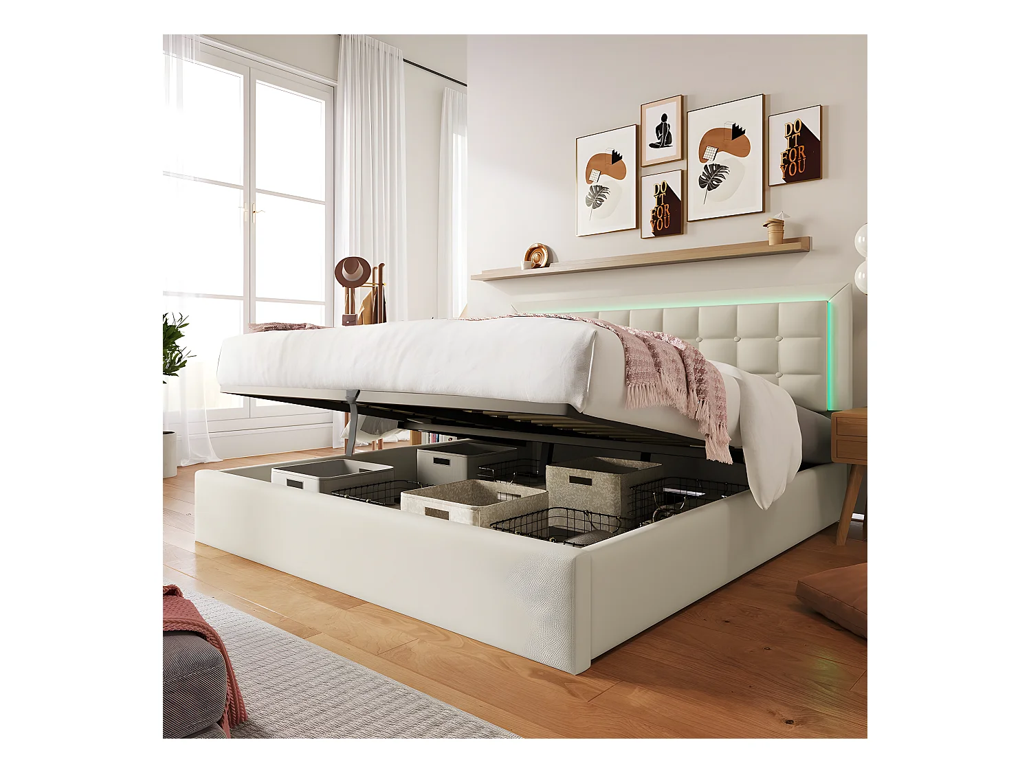 Opbergbed 140 x 200 cm - pu leer - LED's - lattenbodem - wit