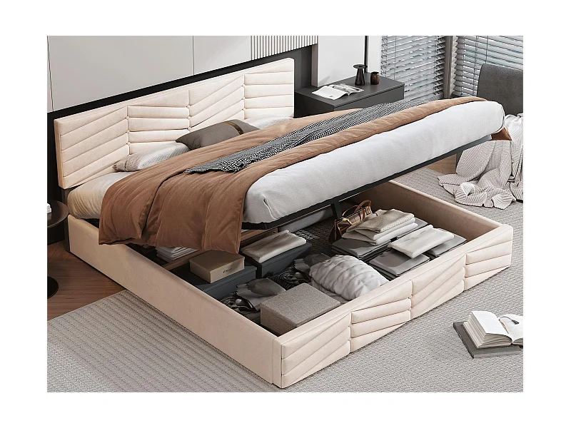 Cama contenedor con cabecero ajustable - 180 x 200 cm - terciopelo - somier de láminas - estilo contemporáneo - beige