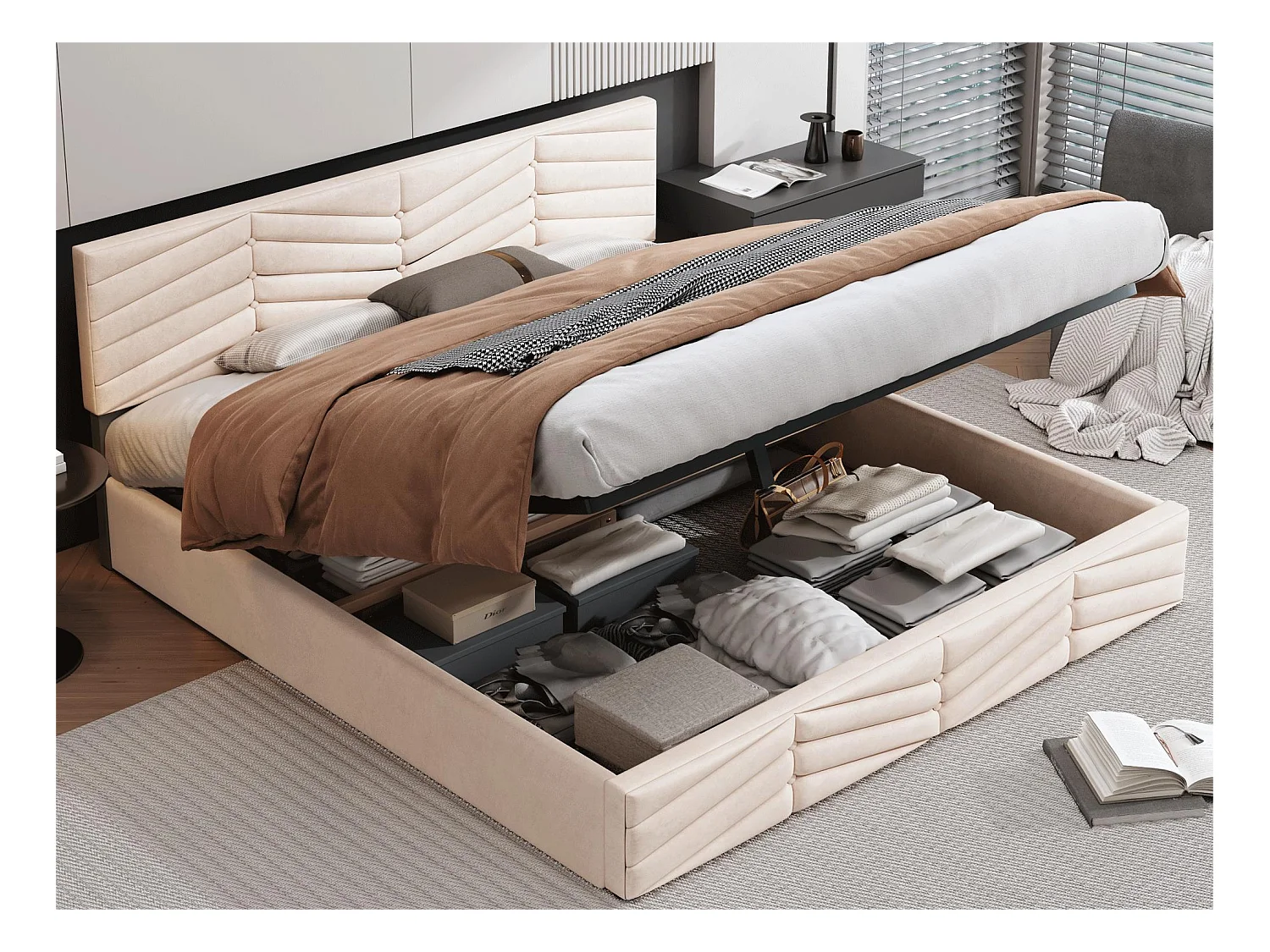 Lit coffre avec tête de lit réglable - 180 x 200 cm - velours - sommier à lattes - style contemporain - beige