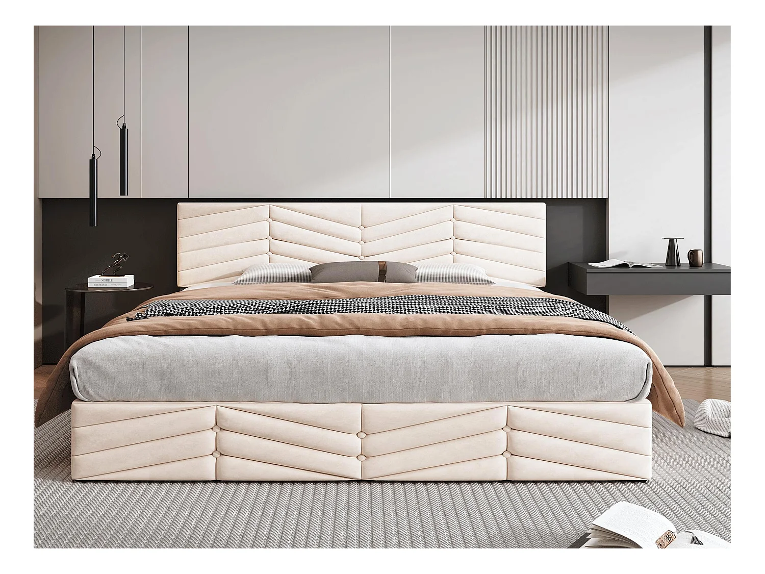 Bettkasten mit verstellbarem Kopfteil – 180 x 200 cm – Samt – Lattenrost – moderner Stil – Beige