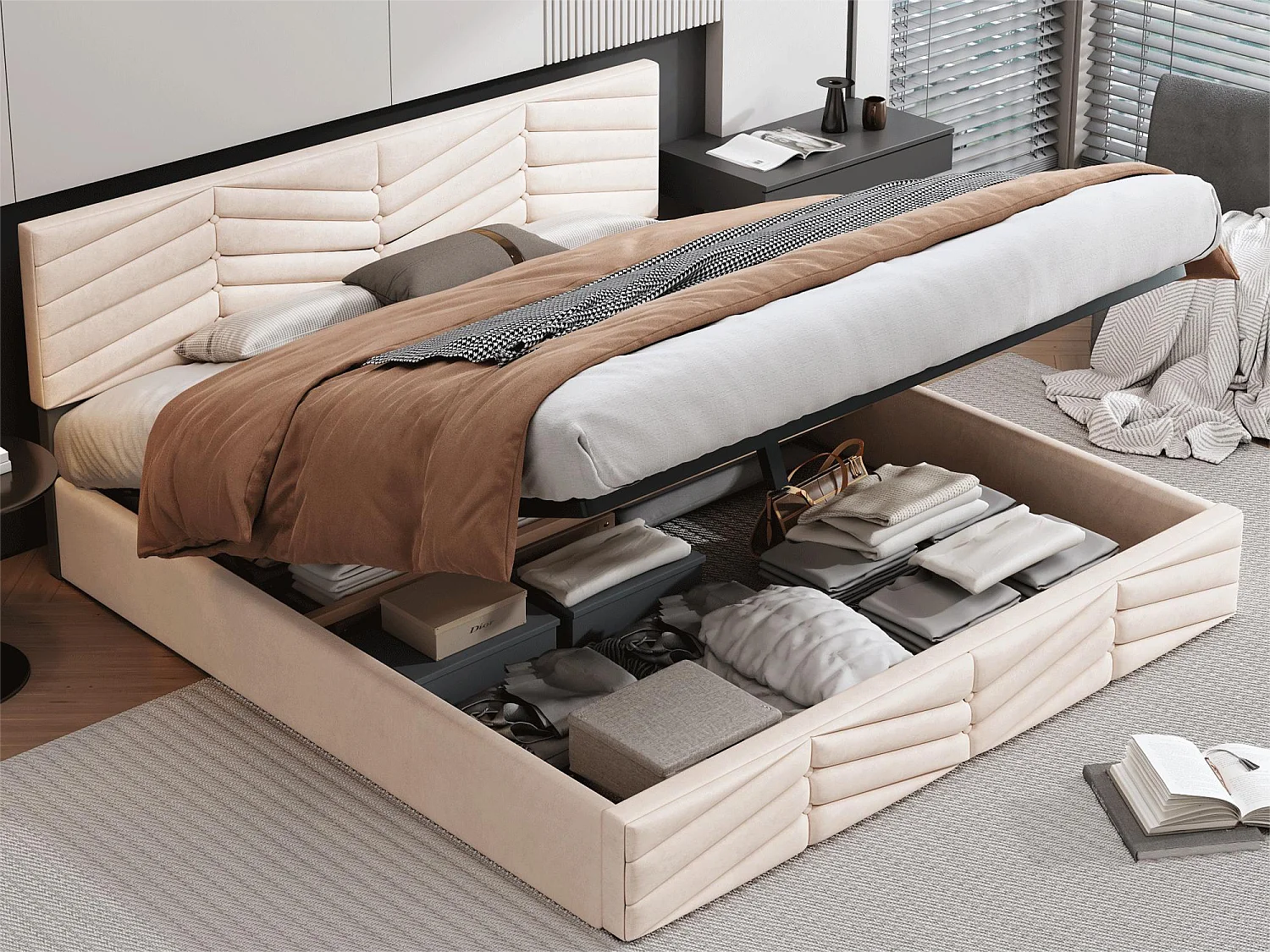 Opbergbed met verstelbaar hoofdeinde - 180 x 200 cm - fluweel - lattenbodem - eigentijdse stijl - beige