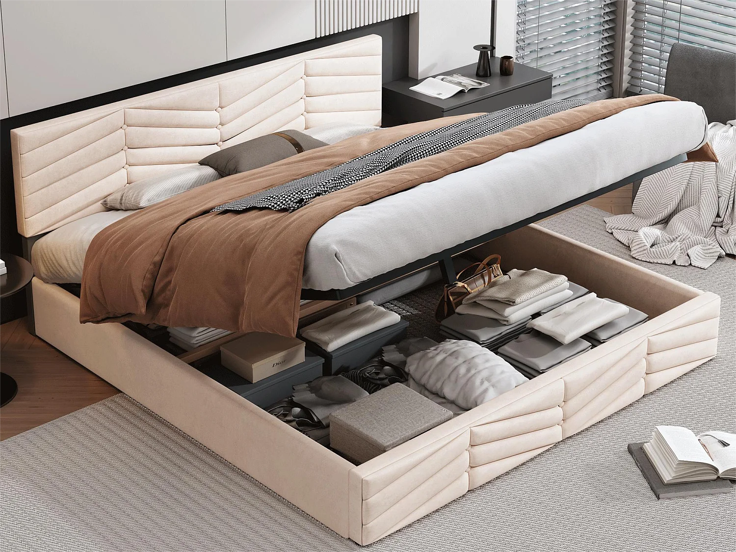 Cama contenedor con cabecero ajustable - 180 x 200 cm - terciopelo - somier de láminas - estilo contemporáneo - beige