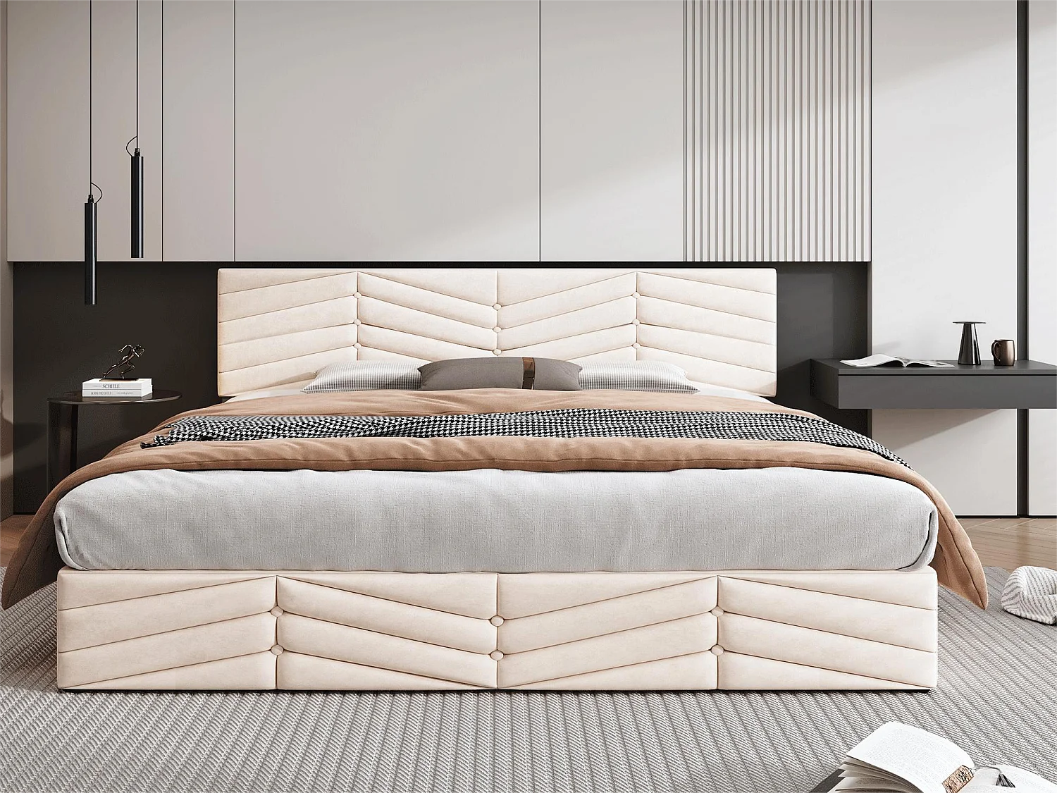 Cama contenedor con cabecero ajustable - 180 x 200 cm - terciopelo - somier de láminas - estilo contemporáneo - beige