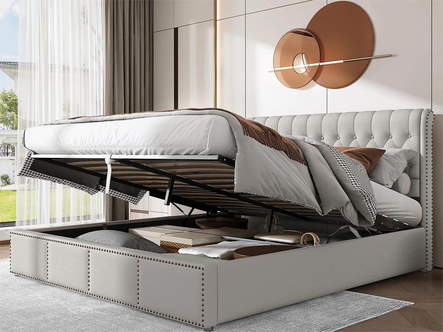 Letto contenitore 180 x 200 cm con testiera - tessuto - rete a doghe - colore bianco grigio