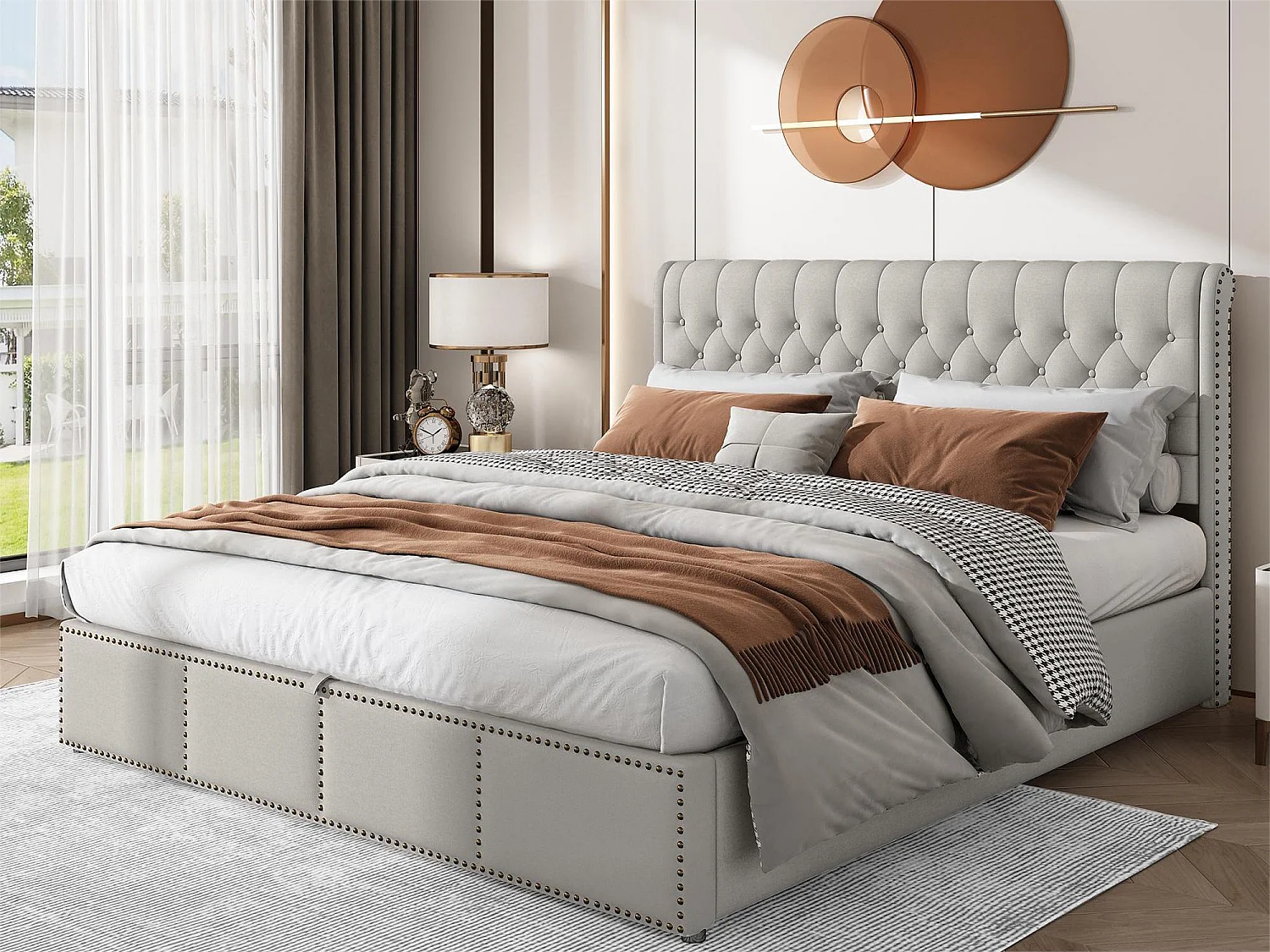 Letto contenitore 180 x 200 cm con testiera - tessuto - rete a doghe - colore bianco grigio