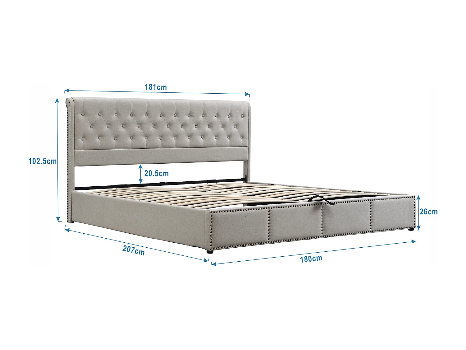 Letto contenitore 180 x 200 cm con testiera - tessuto - rete a doghe - colore bianco grigio