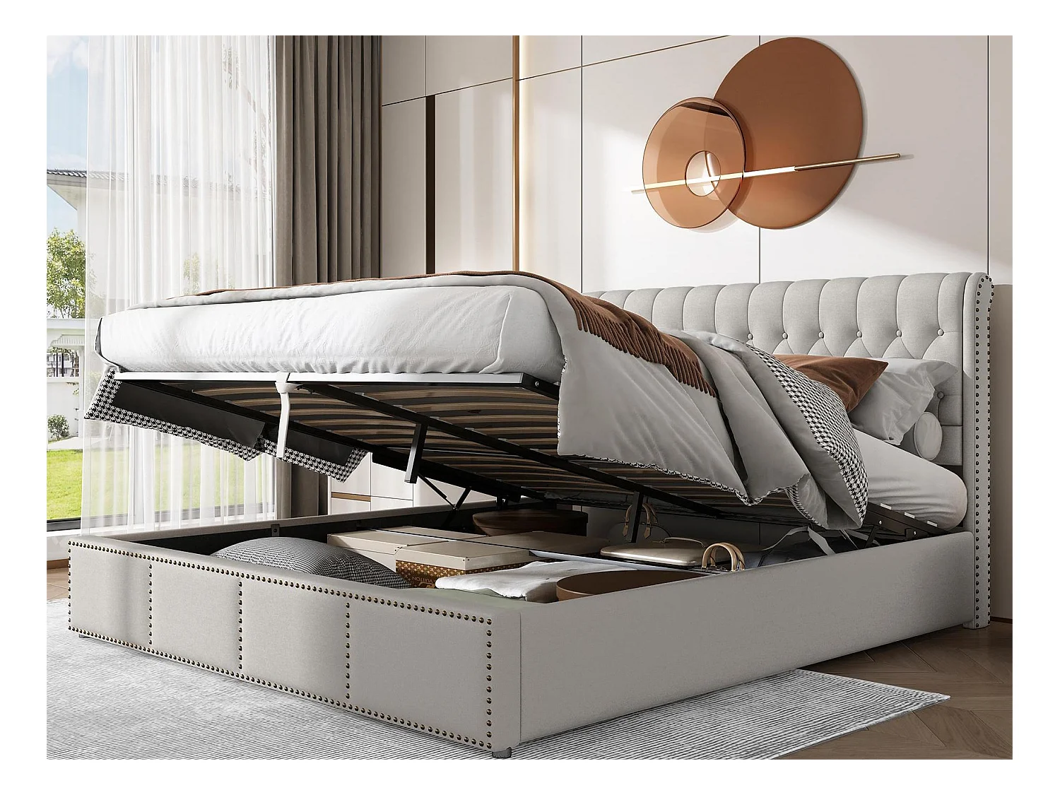 Opbergbed 180 x 200 cm met hoofdeinde - stof - lattenbodem - kleur witgrijs