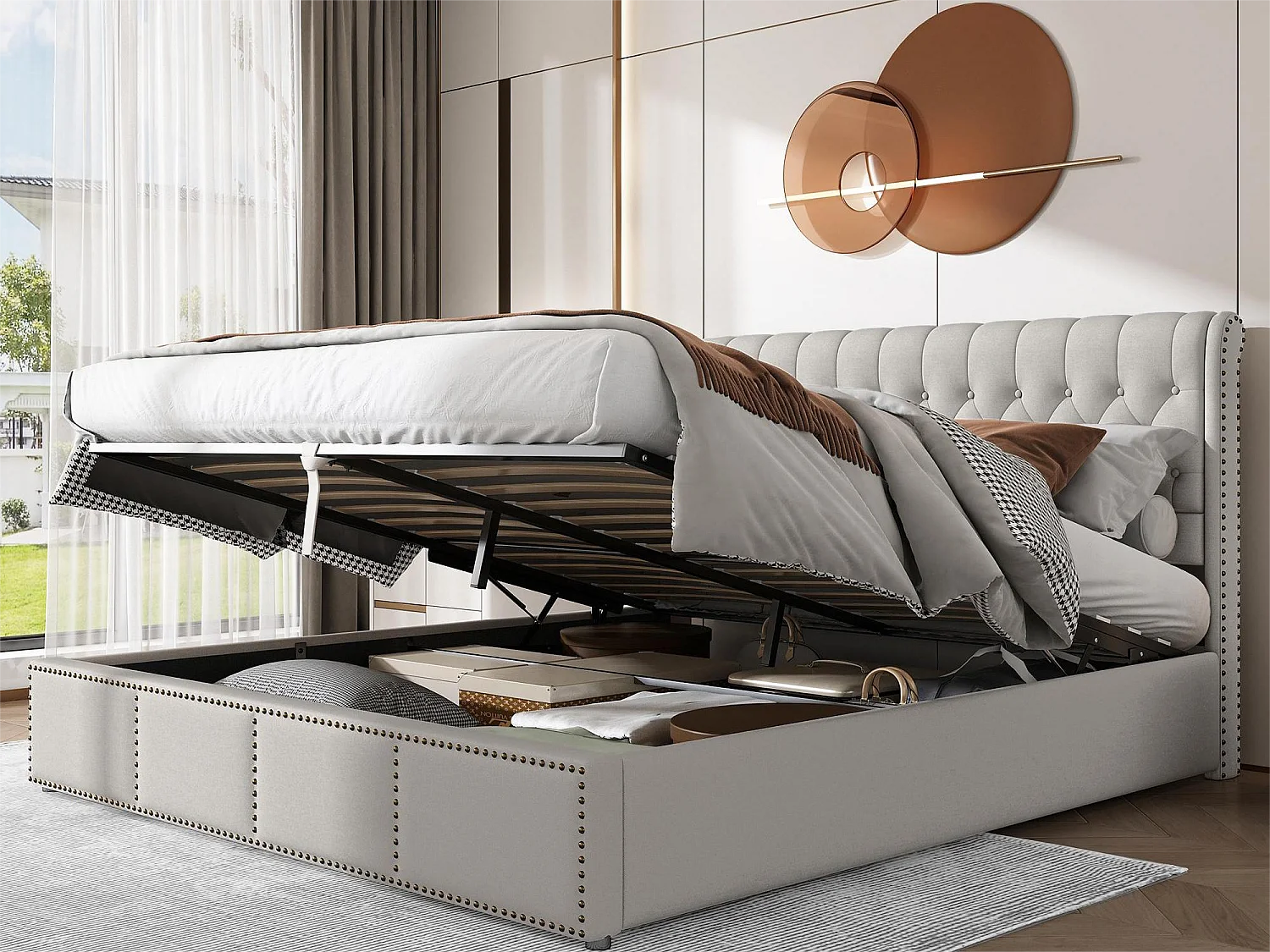 Cama de arrumação 180 x 200 cm com cabeceira - tecido - base de ripas - cor branco cinza