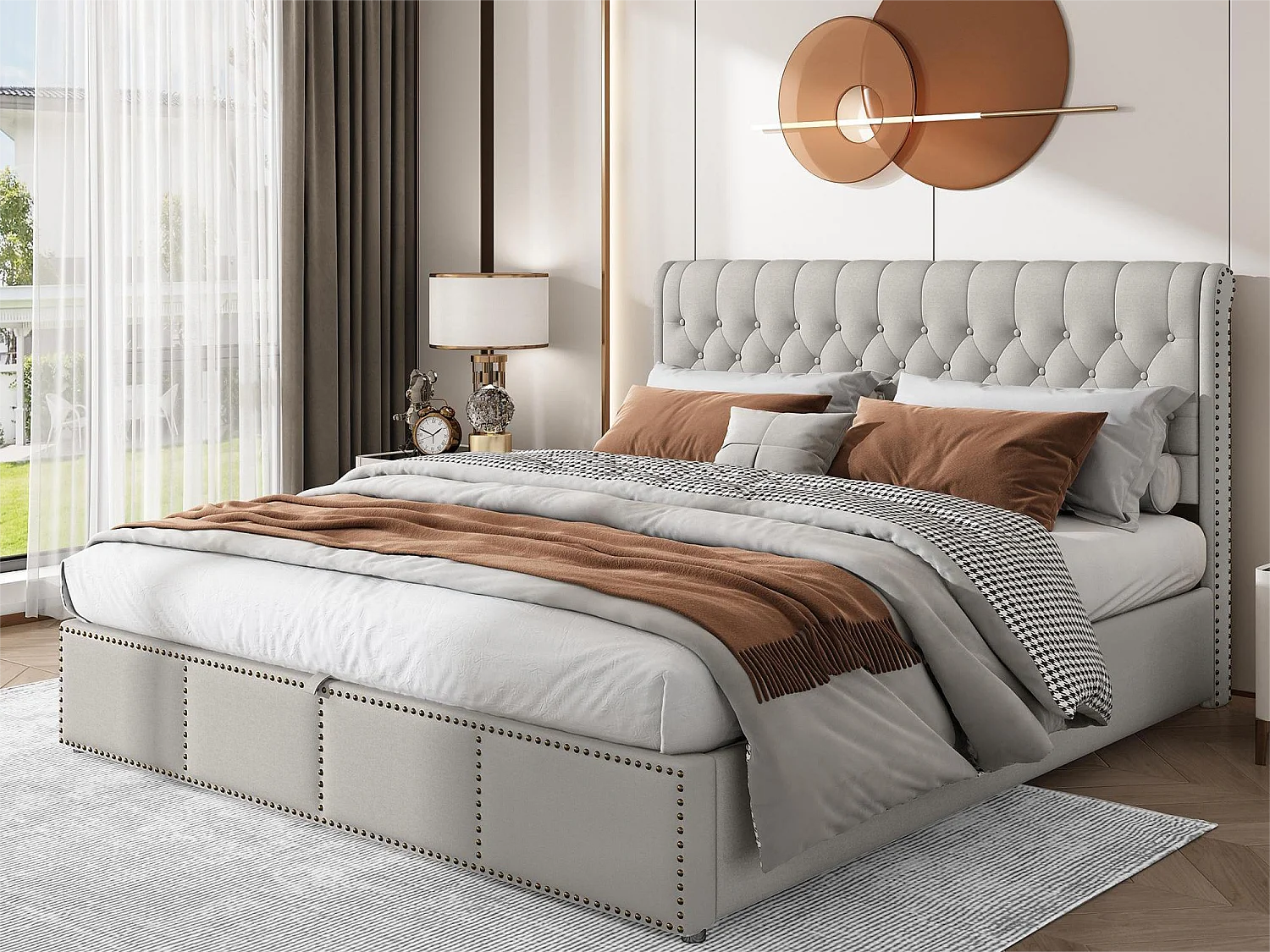 Cama de arrumação 180 x 200 cm com cabeceira - tecido - base de ripas - cor branco cinza