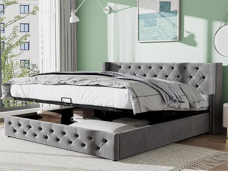 Letto contenitore con testiera - 140 x 190 cm - velluto - rete a doghe - stile scandinavo - grigio