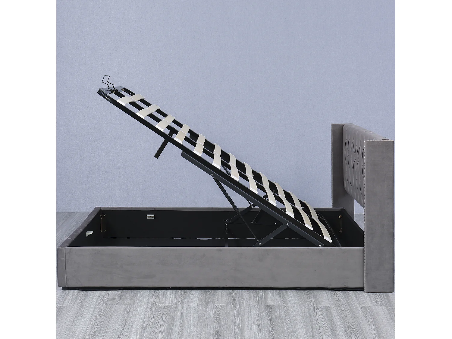 Cama contenedor con cabecero - 140 x 190 cm - terciopelo - somier de láminas - estilo escandinavo - gris