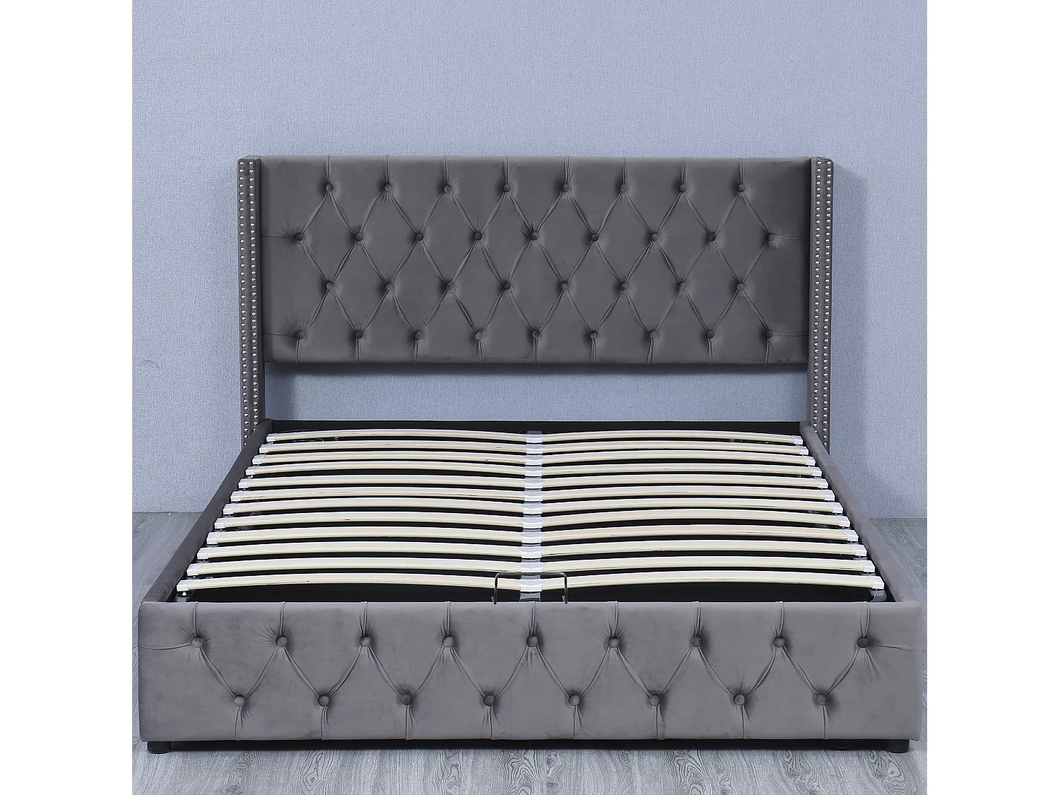 Cama contenedor con cabecero - 140 x 190 cm - terciopelo - somier de láminas - estilo escandinavo - gris