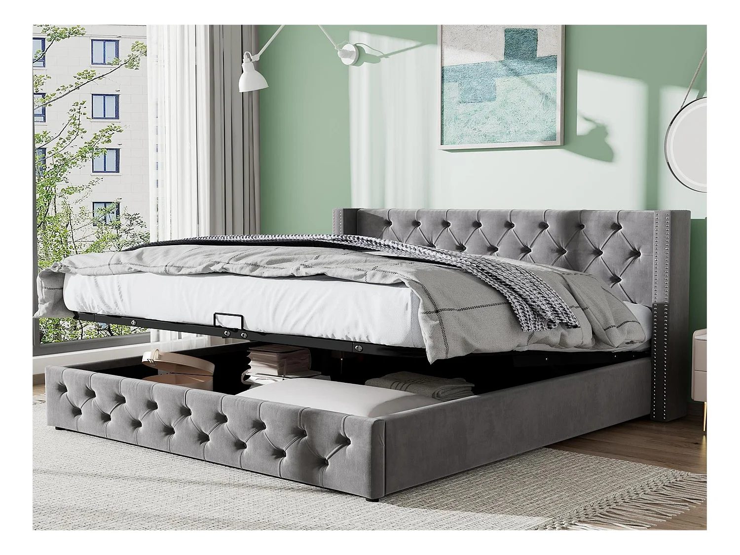 Lit coffre avec tête de lit - 140 x 190 cm - velours - sommier à lattes - style scandinave - gris