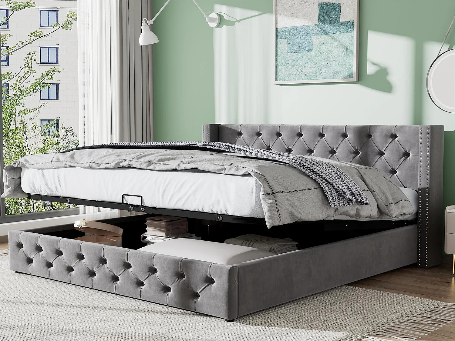 Cama contenedor con cabecero - 140 x 190 cm - terciopelo - somier de láminas - estilo escandinavo - gris