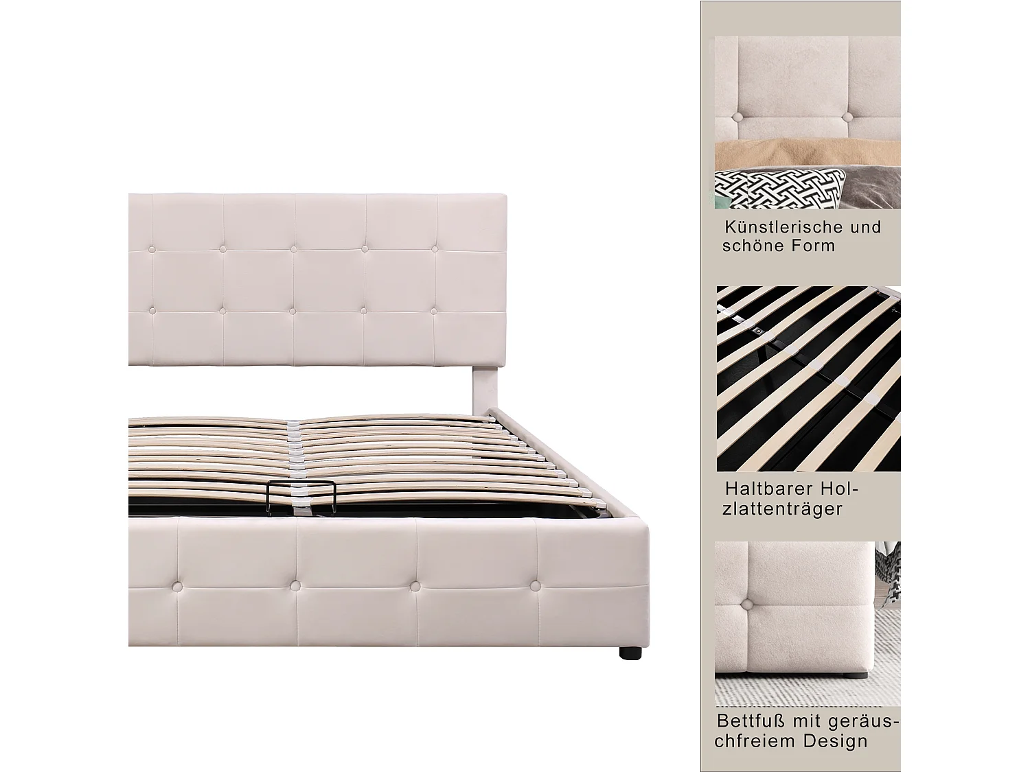 Bett mit Stauraum und verstellbarem Kopfteil – 140 x 200 cm – Samtstoff – Lattenrost – Farbe Weiß