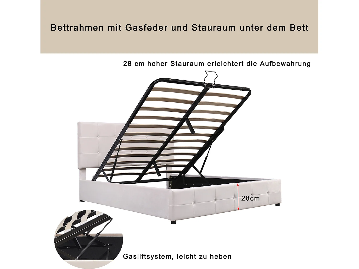 Bett mit Stauraum und verstellbarem Kopfteil – 140 x 200 cm – Samtstoff – Lattenrost – Farbe Weiß