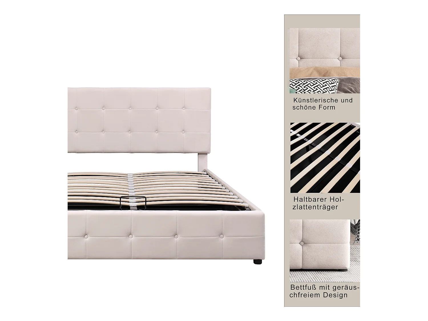 Lit coffre avec tête de lit réglable - 140 x 200 cm - tissu velours - sommier à lattes - coloris blanc