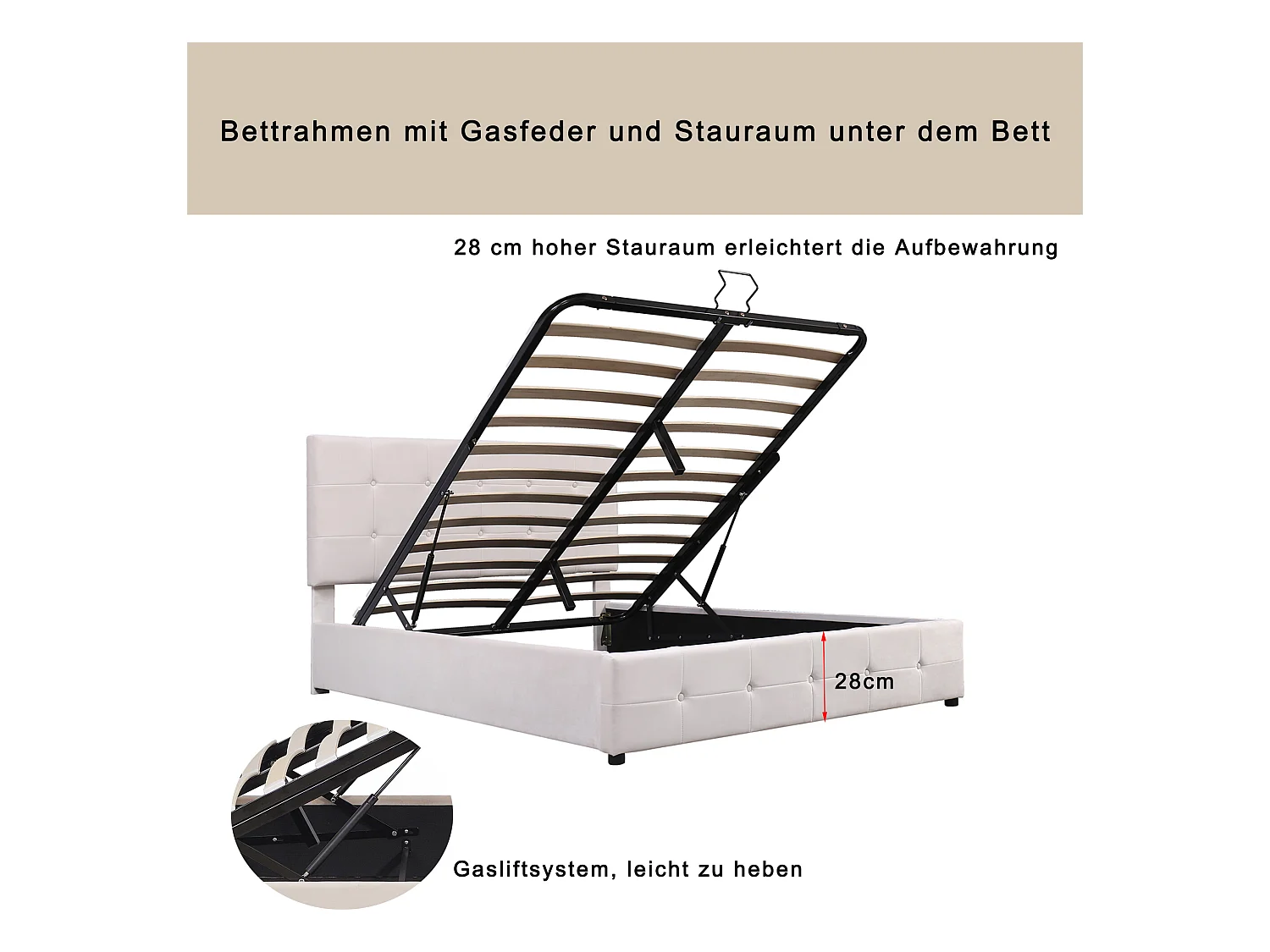 Lit coffre avec tête de lit réglable - 140 x 200 cm - tissu velours - sommier à lattes - coloris blanc