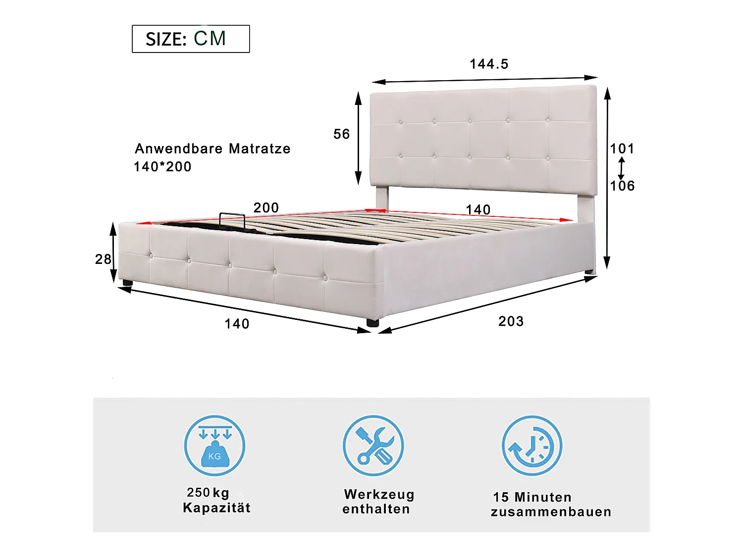 Lit coffre avec tête de lit réglable - 140 x 200 cm - tissu velours - sommier à lattes - coloris blanc