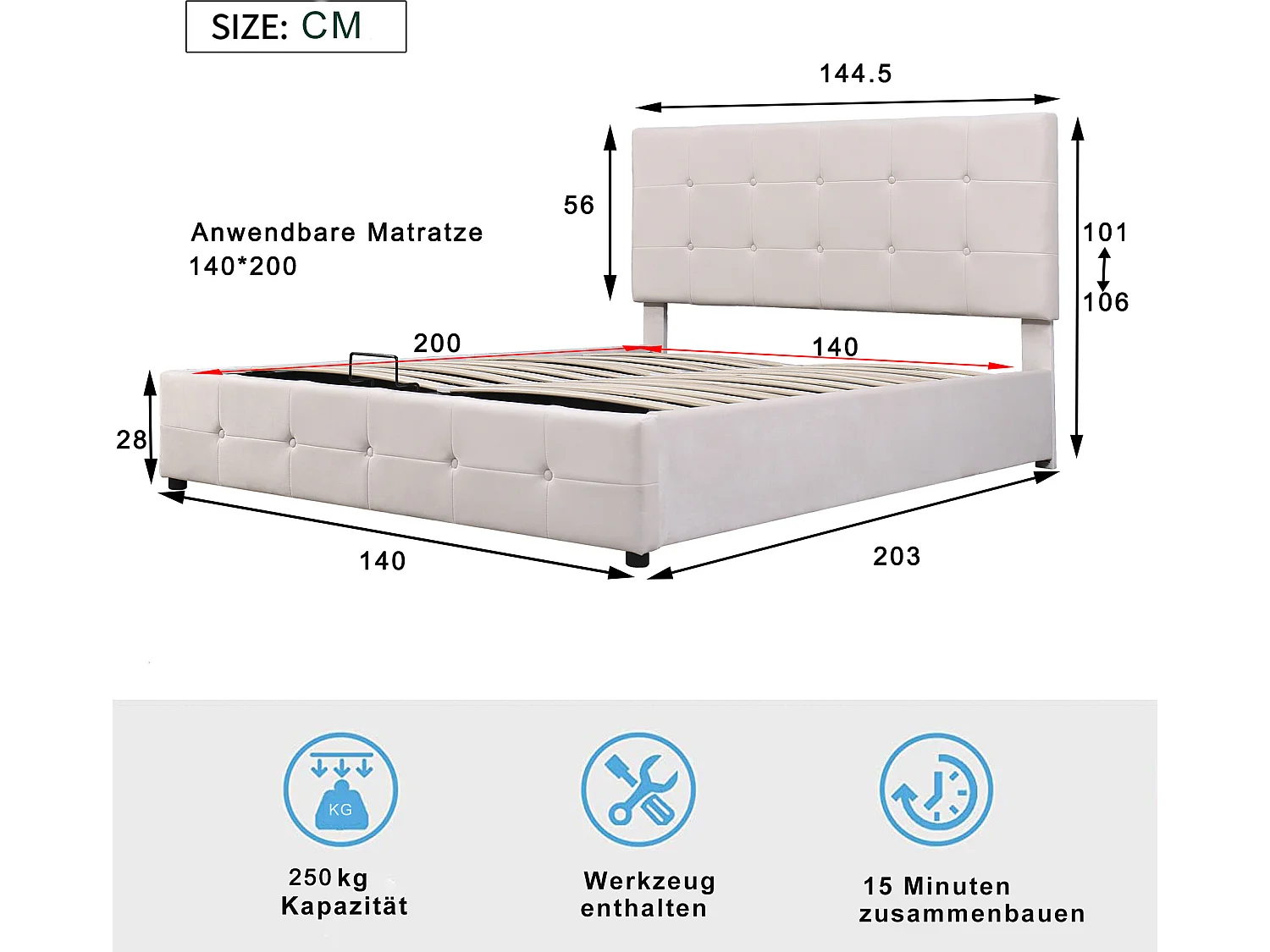 Lit coffre avec tête de lit réglable - 140 x 200 cm - tissu velours - sommier à lattes - coloris blanc