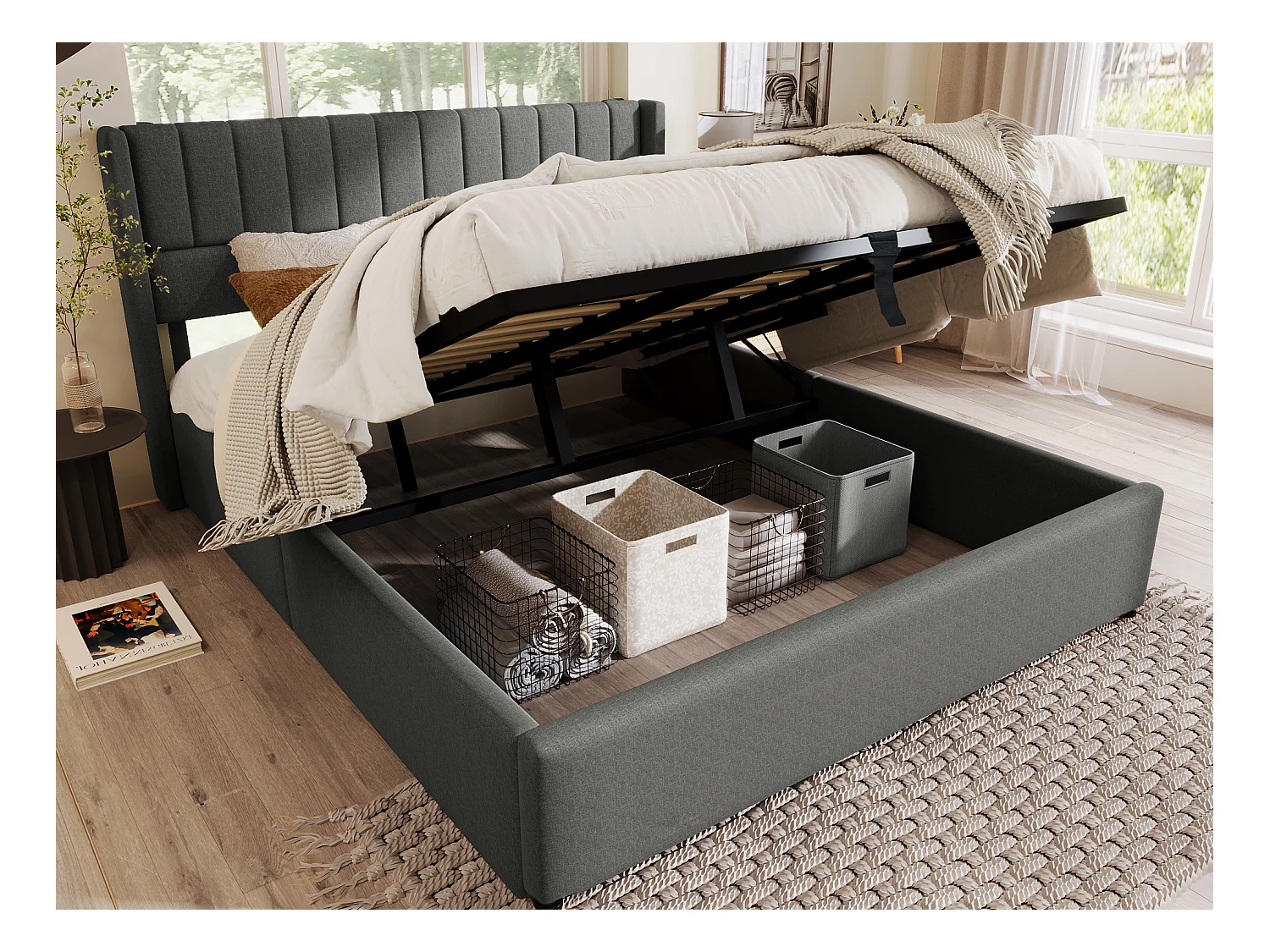 Lit coffre 140 x 200 cm - tissu lin - couture rayures - coloris gris