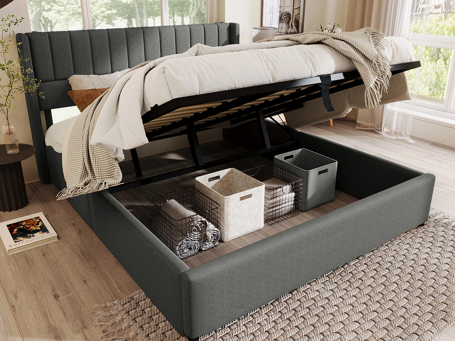 Cama contenedor 140 x 200 cm - tela de lino - costuras a rayas - color gris