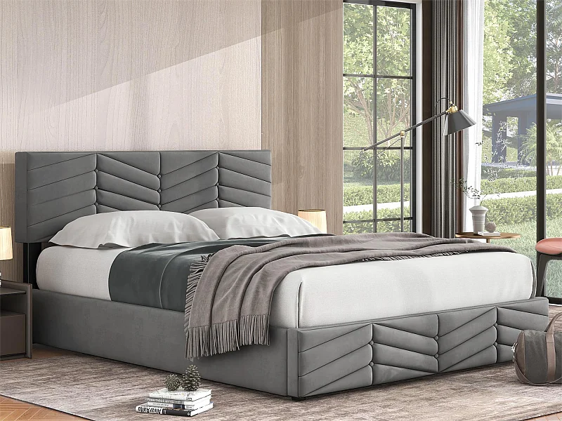 Letto contenitore con testiera regolabile - 140 x 200 cm - velluto - rete a doghe - colore - grigio