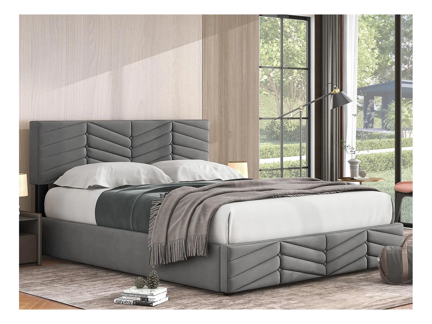 Lit coffre avec tête de lit réglable - 140 x 200 cm - velours - sommier à lattes - coloris - gris
