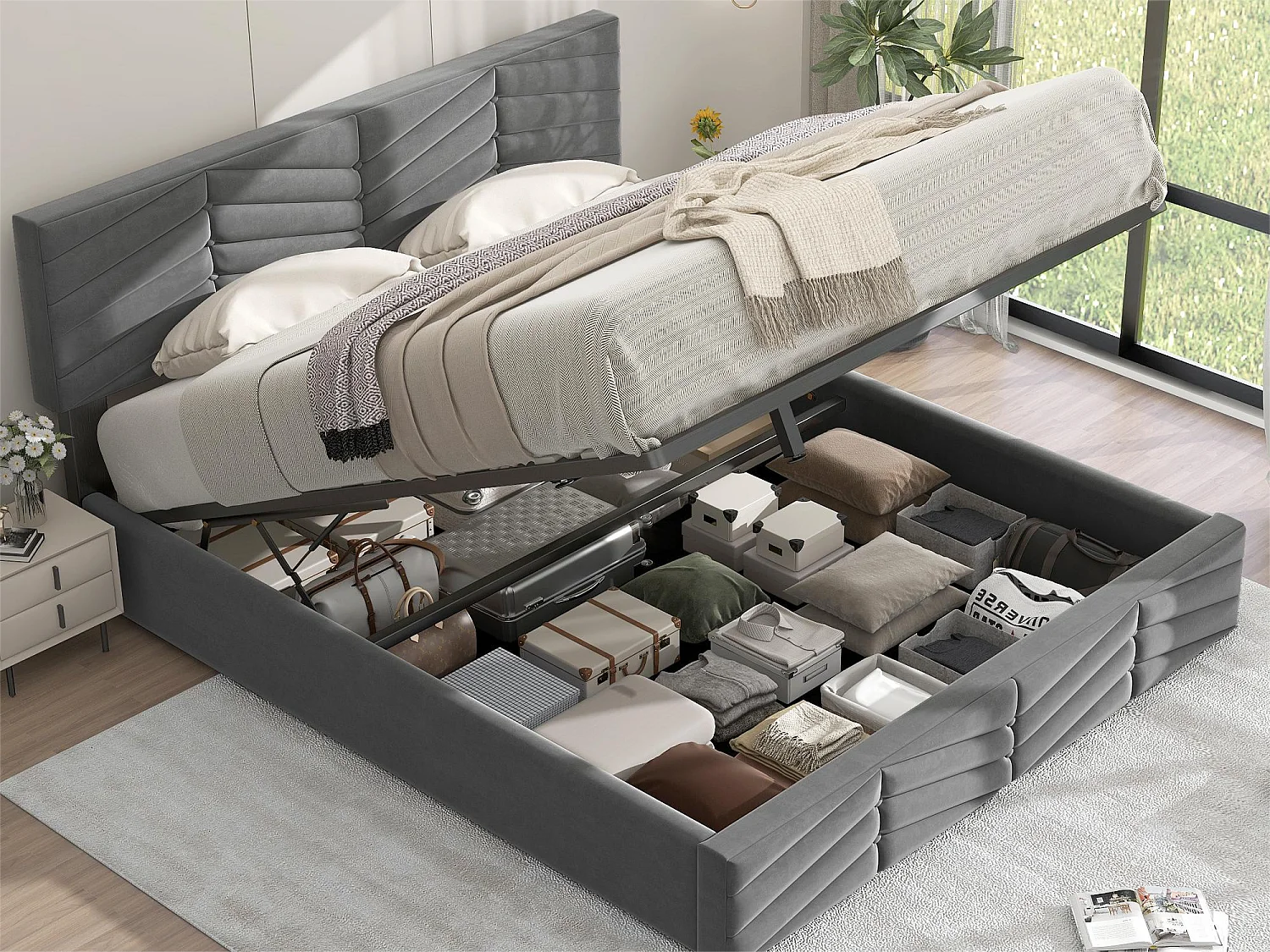 Opbergbed met verstelbaar hoofdeinde - 140 x 200 cm - fluweel - lattenbodem - kleur - grijs