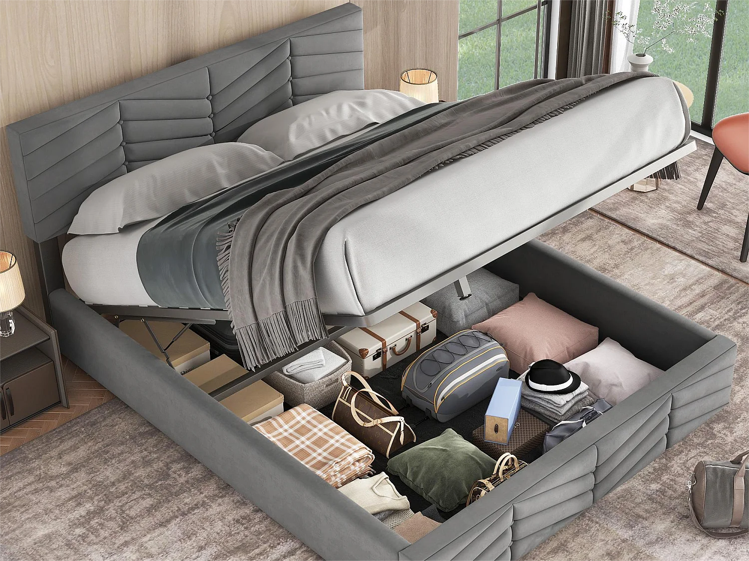 Cama de armazenamento com cabeceira ajustável - 140 x 200 cm - veludo - base de ripas - cor - cinza