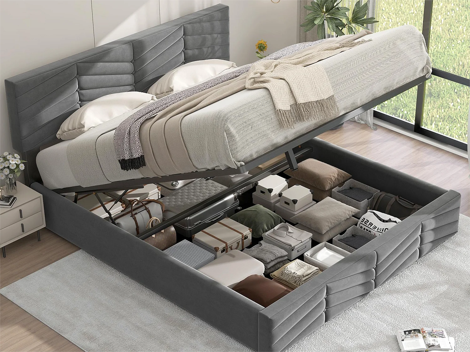 Cama de armazenamento com cabeceira ajustável - 140 x 200 cm - veludo - base de ripas - cor - cinza