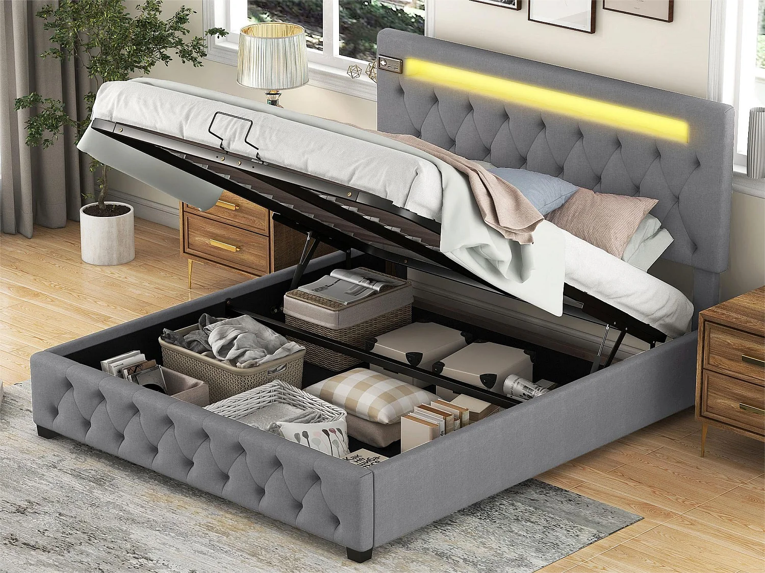 Opbergbed 140x200 cm, tweepersoonsbed met LED, USB en Bluetooth, in modern grijs fluweel, verstelbaar hoofdeinde, opbergruimte