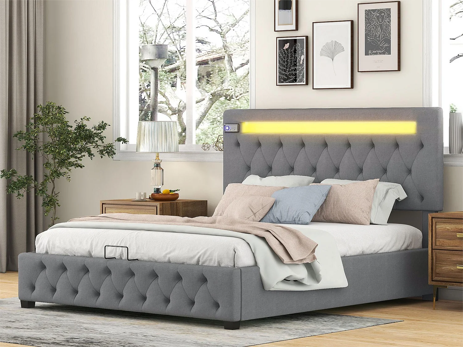 Opbergbed 140x200 cm, tweepersoonsbed met LED, USB en Bluetooth, in modern grijs fluweel, verstelbaar hoofdeinde, opbergruimte