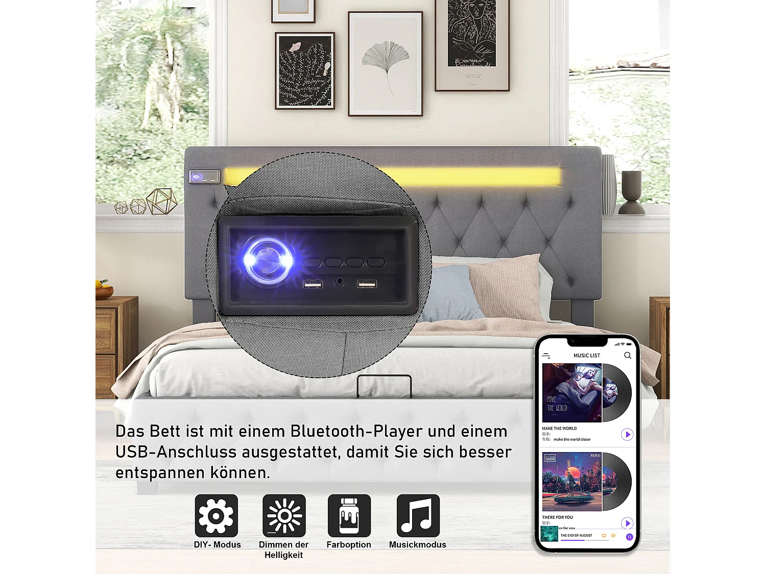 Opbergbed 140x200 cm, tweepersoonsbed met LED, USB en Bluetooth, in modern grijs fluweel, verstelbaar hoofdeinde, opbergruimte