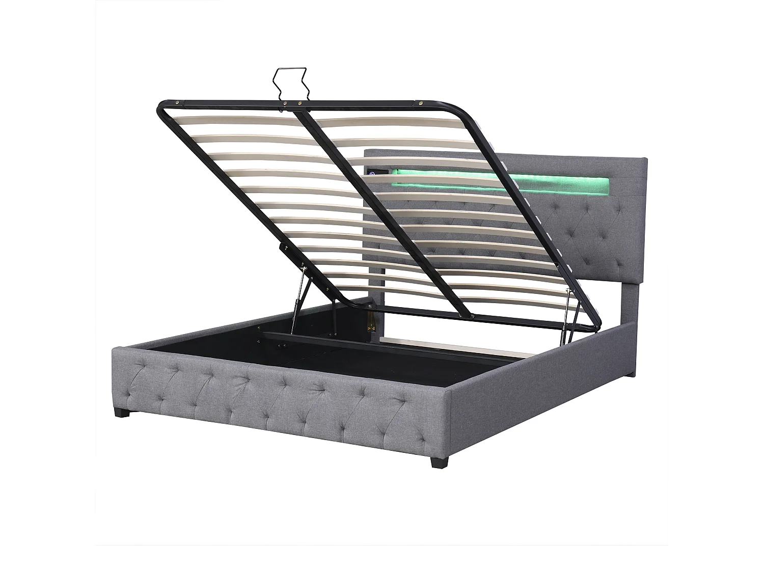 Opbergbed 140x200 cm, tweepersoonsbed met LED, USB en Bluetooth, in modern grijs fluweel, verstelbaar hoofdeinde, opbergruimte