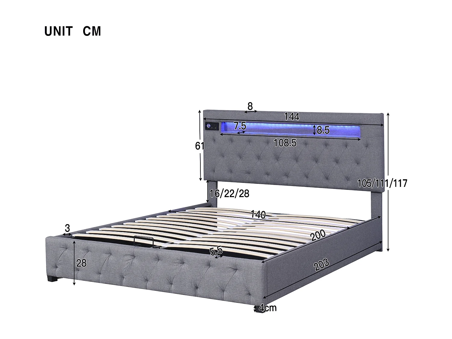 Opbergbed 140x200 cm, tweepersoonsbed met LED, USB en Bluetooth, in modern grijs fluweel, verstelbaar hoofdeinde, opbergruimte