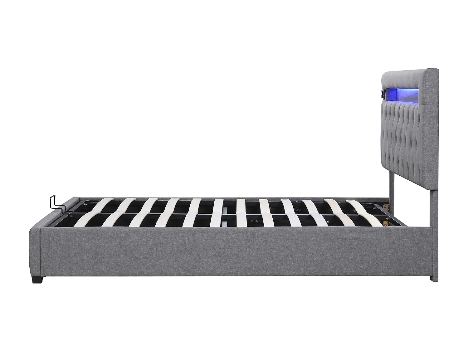 Opbergbed 140x200 cm, tweepersoonsbed met LED, USB en Bluetooth, in modern grijs fluweel, verstelbaar hoofdeinde, opbergruimte