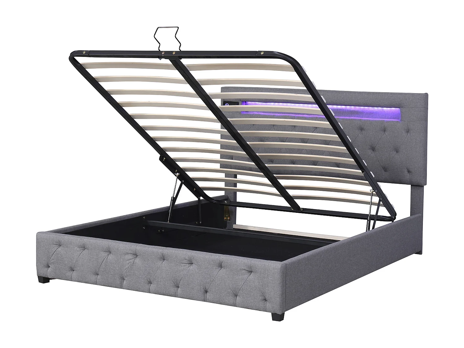 Opbergbed 140x200 cm, tweepersoonsbed met LED, USB en Bluetooth, in modern grijs fluweel, verstelbaar hoofdeinde, opbergruimte
